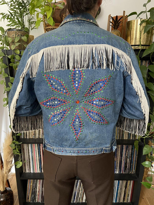 Vintage 1970s Customised Sequinned & Fringed Denim Jacket