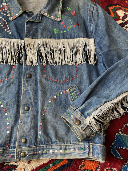 Vintage 1970s Customised Sequinned & Fringed Denim Jacket