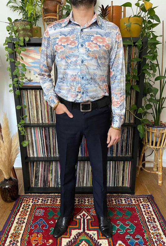 Vintage 1970s Asian Print Dagger Collar Shirt
