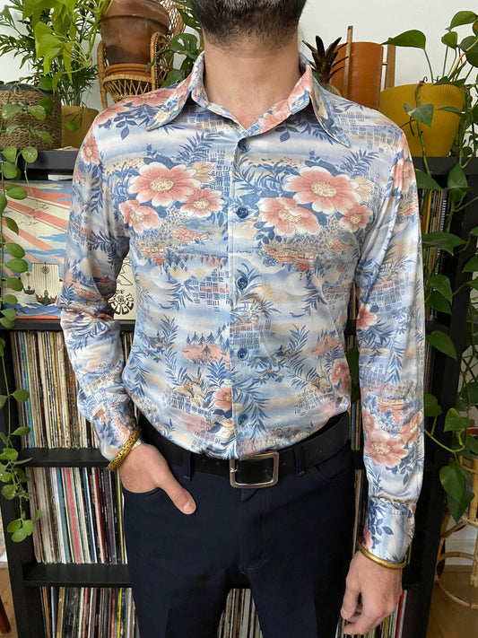 Vintage 1970s Asian Print Dagger Collar Shirt