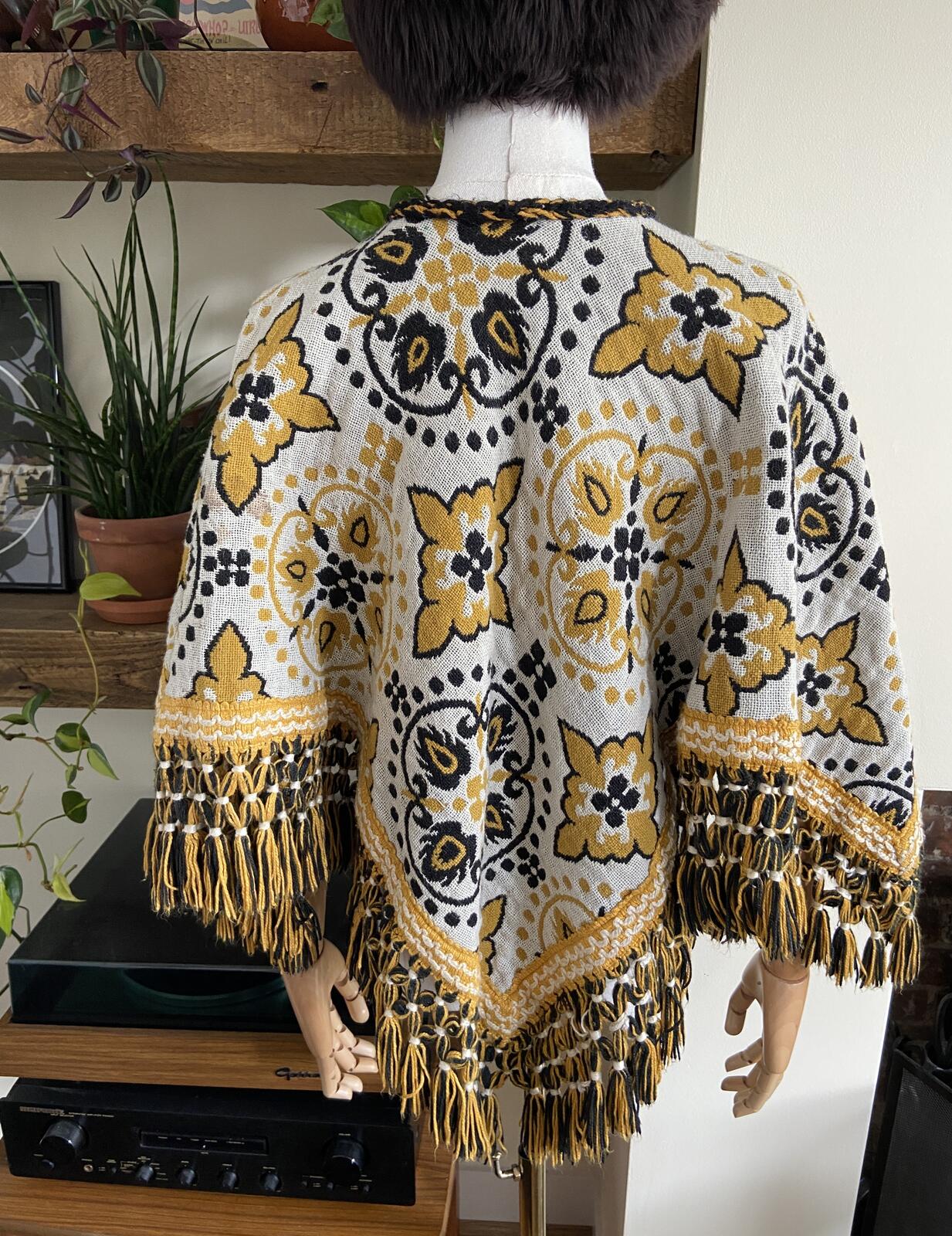 Vintage 1960s Cream Mustard Reversible Tapestry Poncho