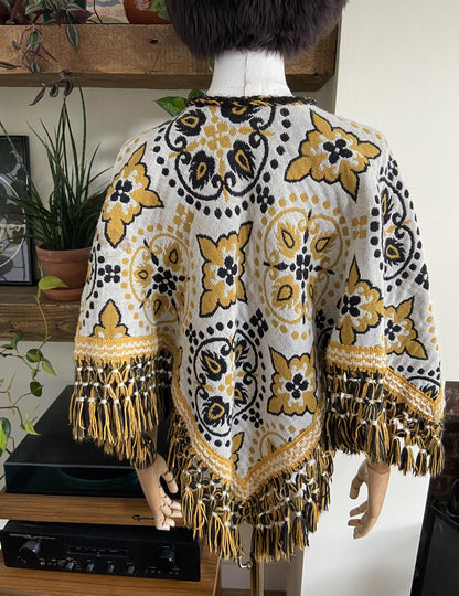 Vintage 1960s Cream Mustard Reversible Tapestry Poncho