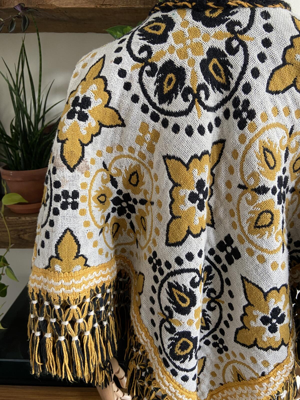 Vintage 1960s Cream Mustard Reversible Tapestry Poncho