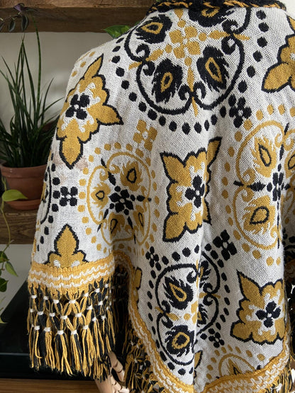 Vintage 1960s Cream Mustard Reversible Tapestry Poncho