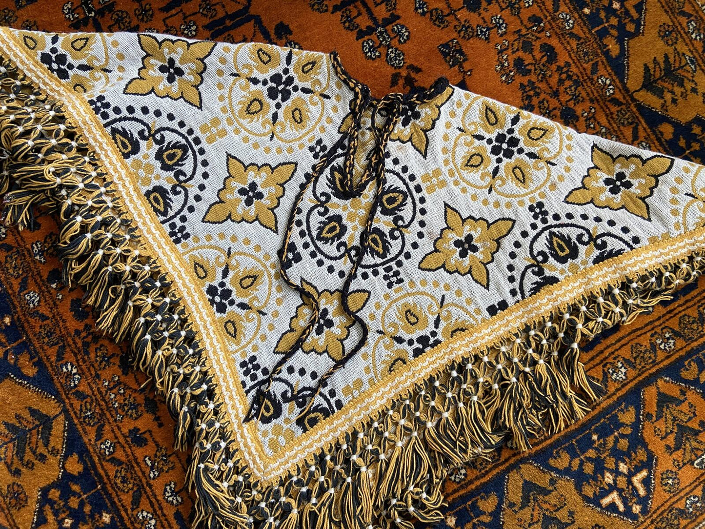 Vintage 1960s Cream Mustard Reversible Tapestry Poncho