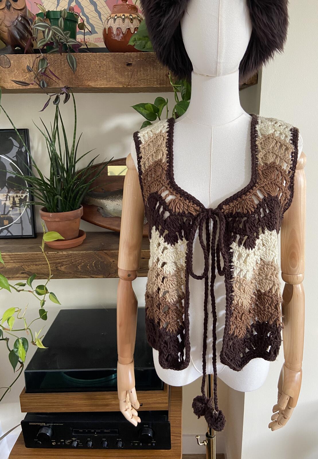 Vintage 1970s Brown & Cream Pom Pom Waistcoat