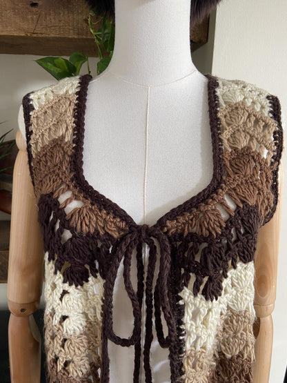 Vintage 1970s Brown & Cream Pom Pom Waistcoat