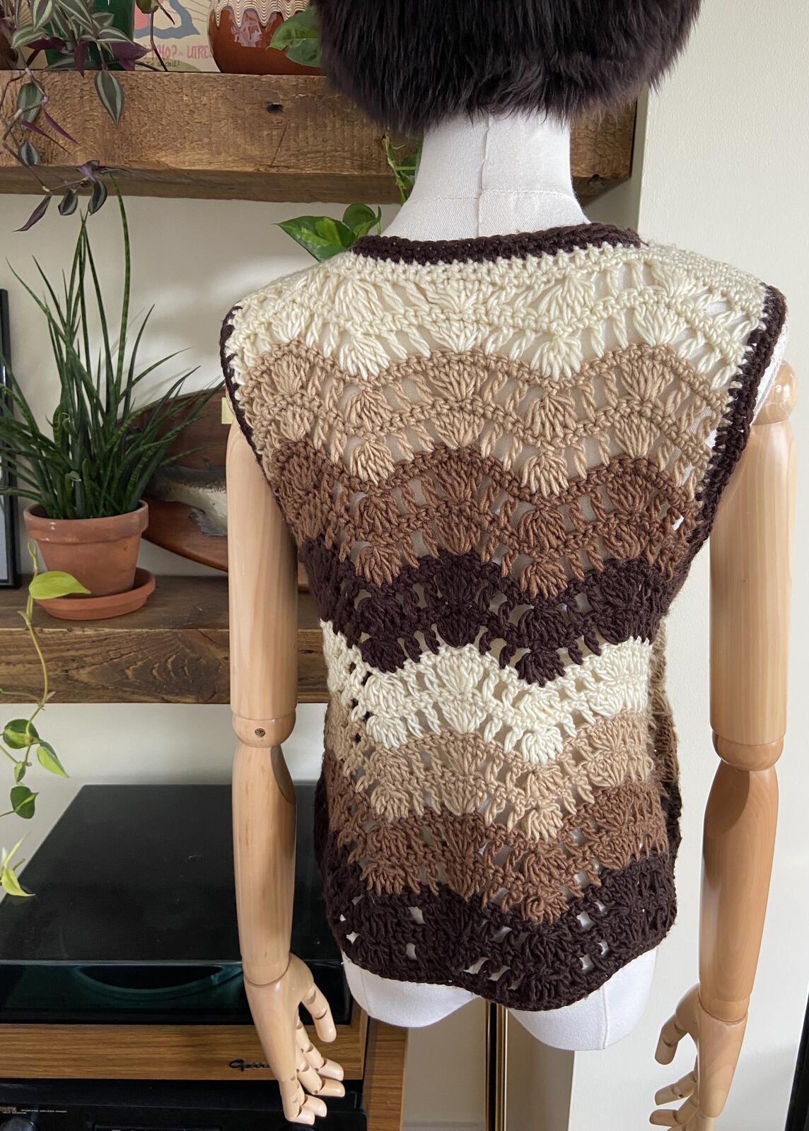 Vintage 1970s Brown & Cream Pom Pom Waistcoat