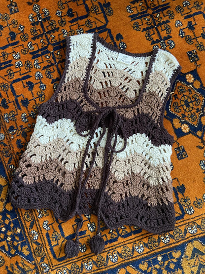 Vintage 1970s Brown & Cream Pom Pom Waistcoat