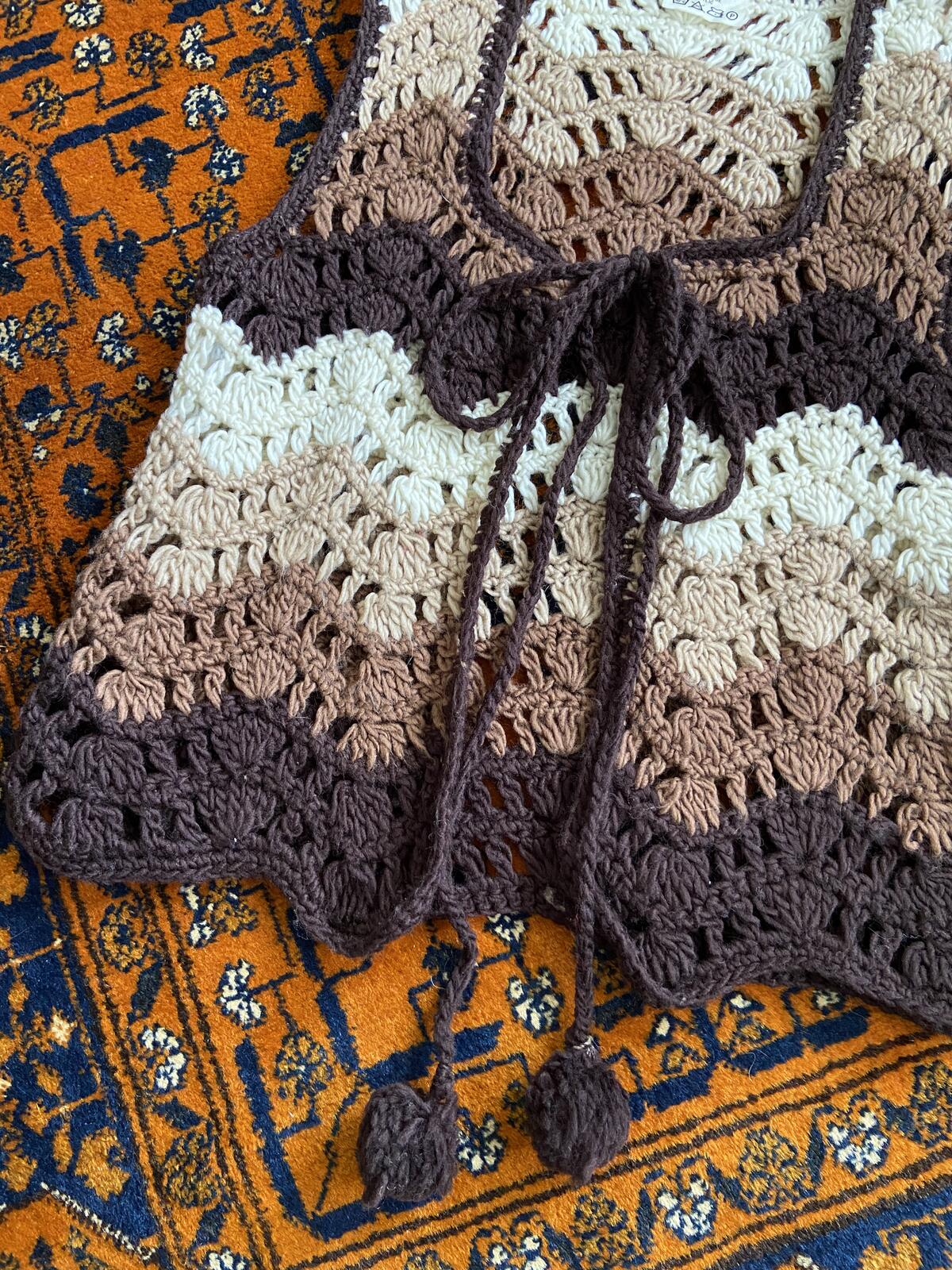 Vintage 1970s Brown & Cream Pom Pom Waistcoat