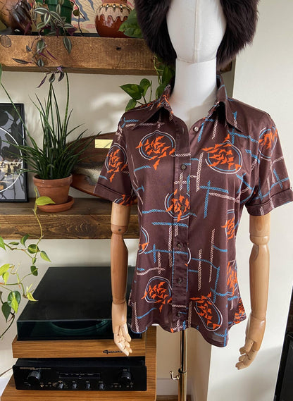 Vintage 1970s Brown Print Dagger Collar Shirt