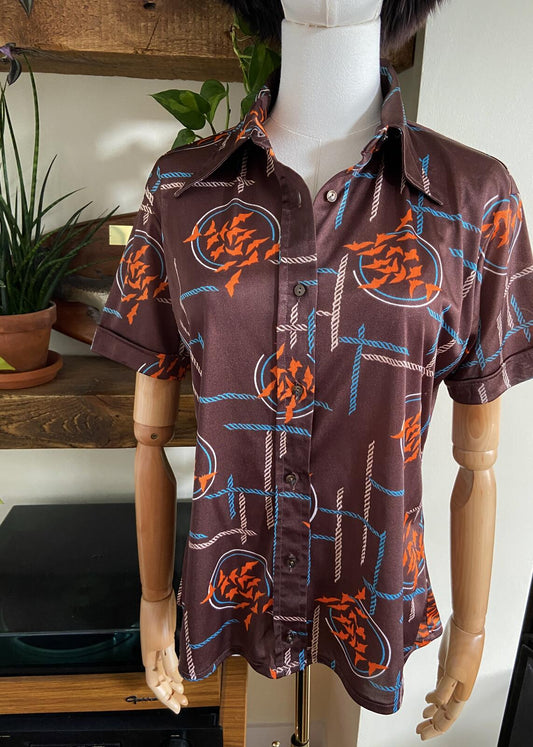 Vintage 1970s Brown Print Dagger Collar Shirt