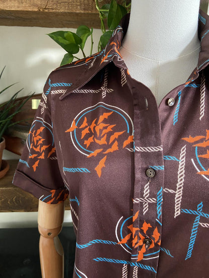 Vintage 1970s Brown Print Dagger Collar Shirt