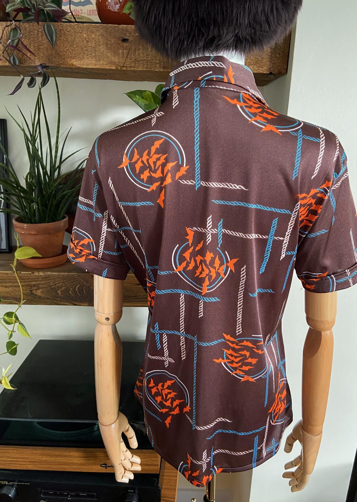 Vintage 1970s Brown Print Dagger Collar Shirt