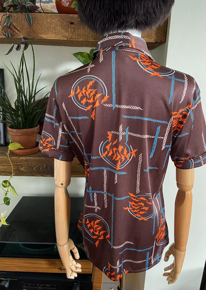 Vintage 1970s Brown Print Dagger Collar Shirt