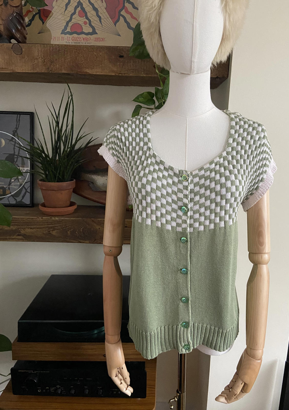 Vintage Green White Checkerboard Knit Top