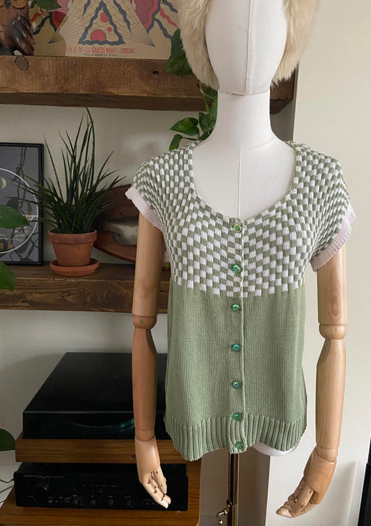Vintage Green White Checkerboard Knit Top