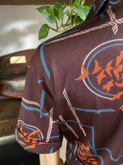 Vintage 1970s Brown Print Dagger Collar Shirt