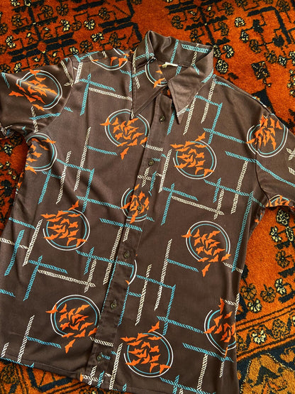 Vintage 1970s Brown Print Dagger Collar Shirt