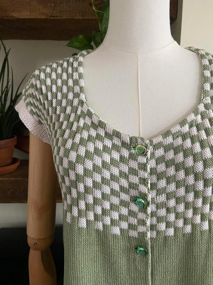Vintage Green White Checkerboard Knit Top