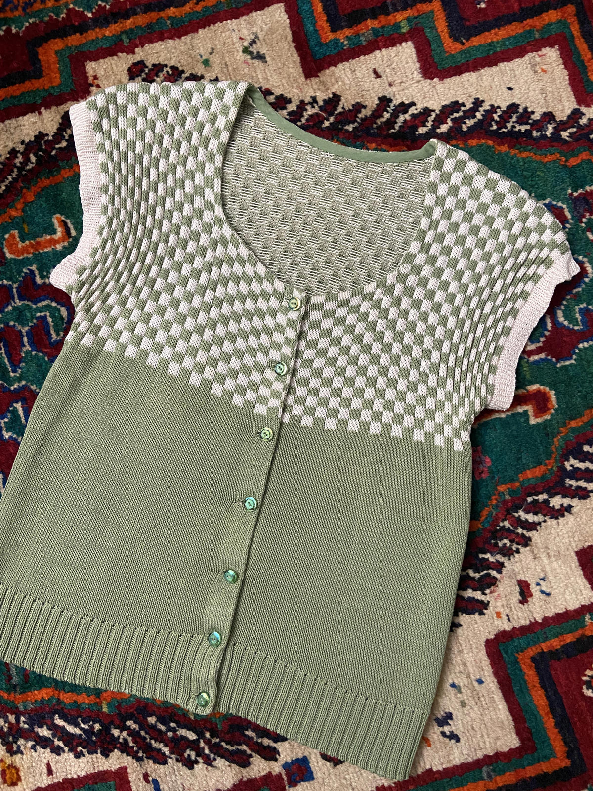 Vintage Green White Checkerboard Knit Top