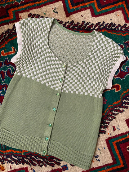 Vintage Green White Checkerboard Knit Top