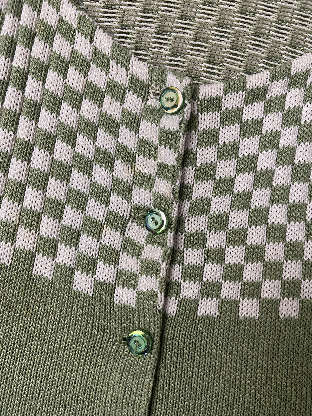 Vintage Green White Checkerboard Knit Top