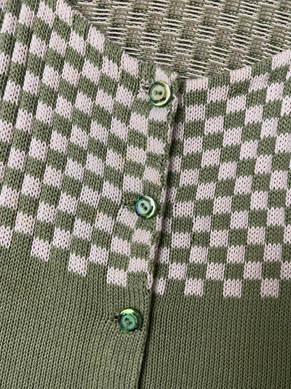 Vintage Green White Checkerboard Knit Top