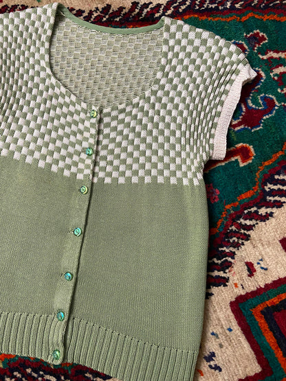 Vintage Green White Checkerboard Knit Top