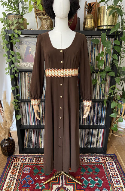 Vintage 1970s Brown Embroidered Trim Duster Dress