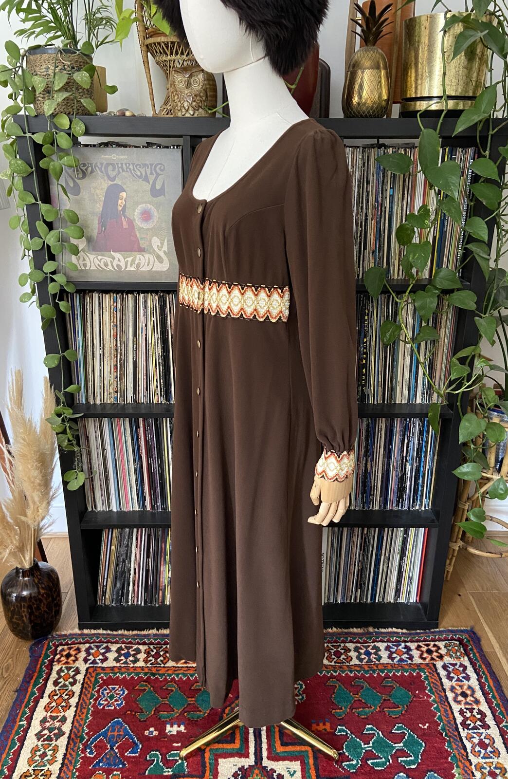 Vintage 1970s Brown Embroidered Trim Duster Dress