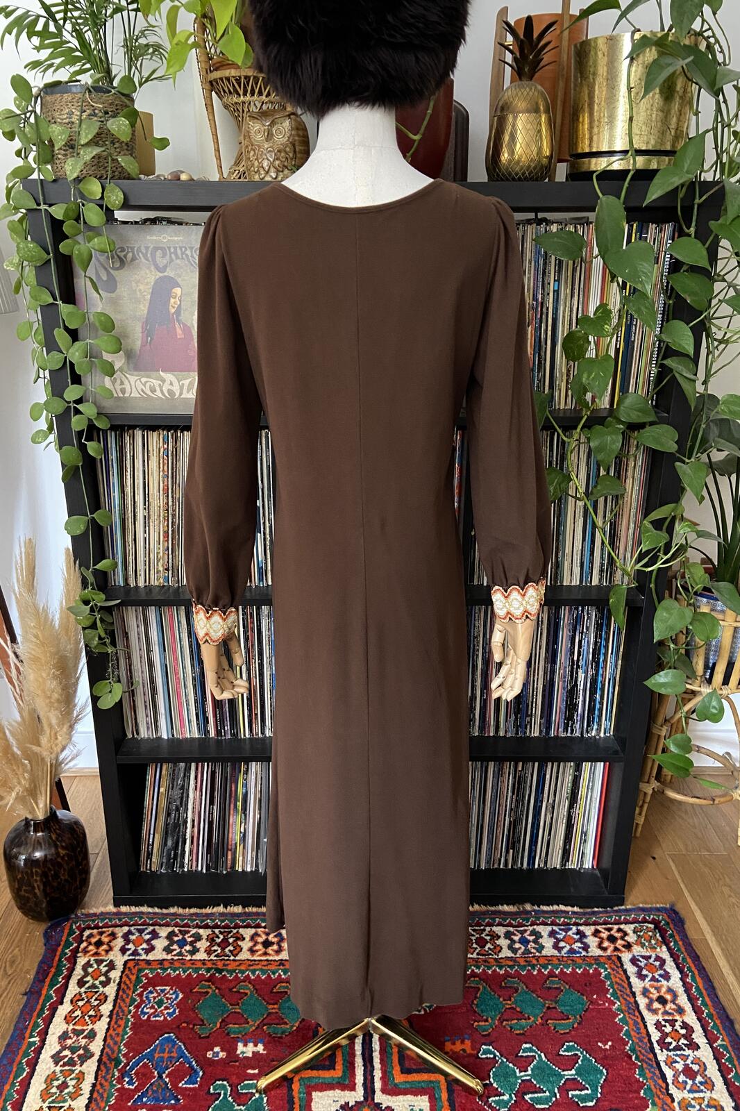 Vintage 1970s Brown Embroidered Trim Duster Dress