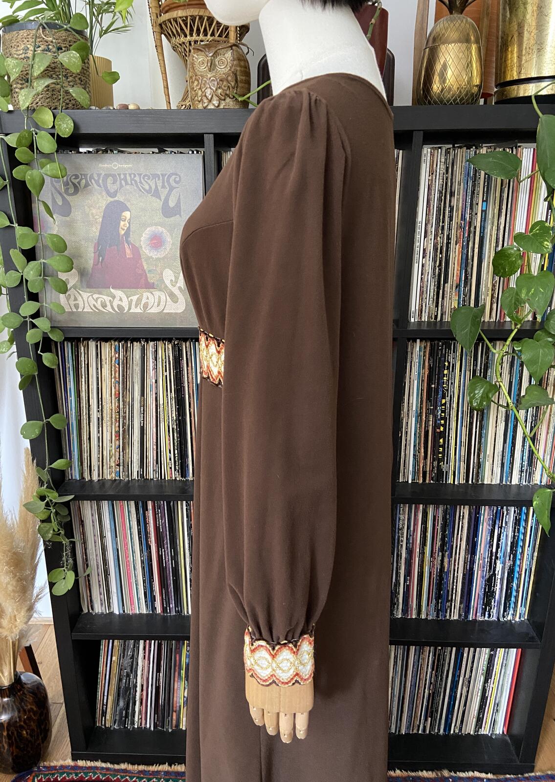Vintage 1970s Brown Embroidered Trim Duster Dress