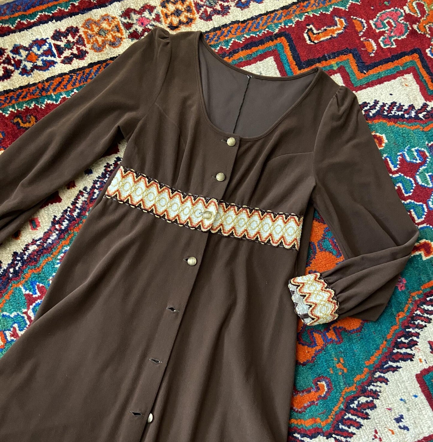 Vintage 1970s Brown Embroidered Trim Duster Dress