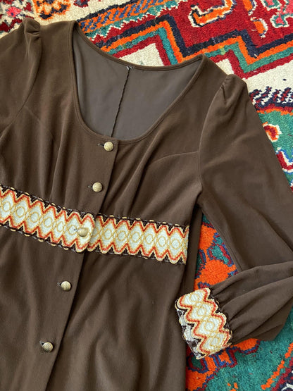 Vintage 1970s Brown Embroidered Trim Duster Dress
