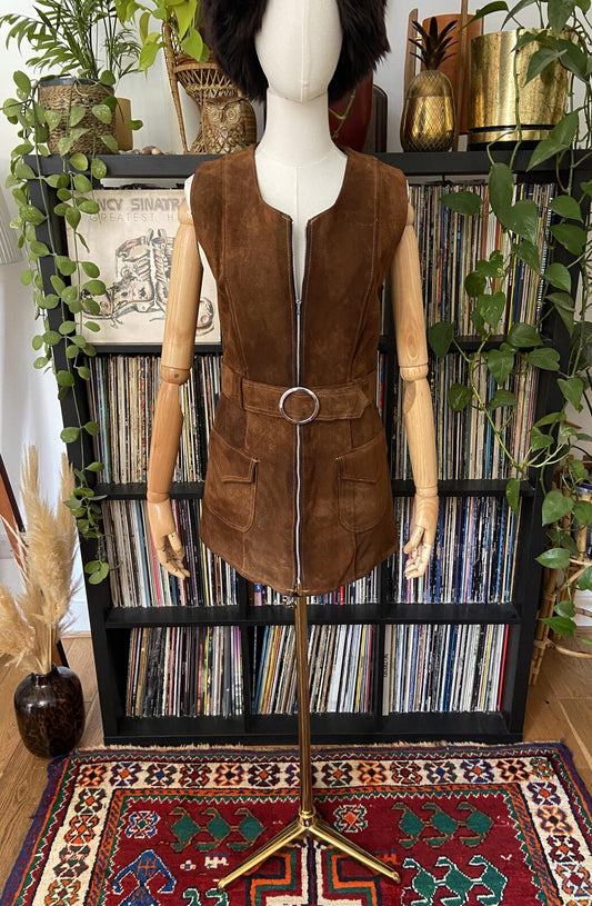 Vintage 1960s Brown Suede Belted Mini Dress