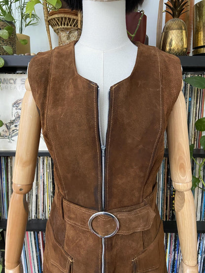 Vintage 1960s Brown Suede Belted Mini Dress