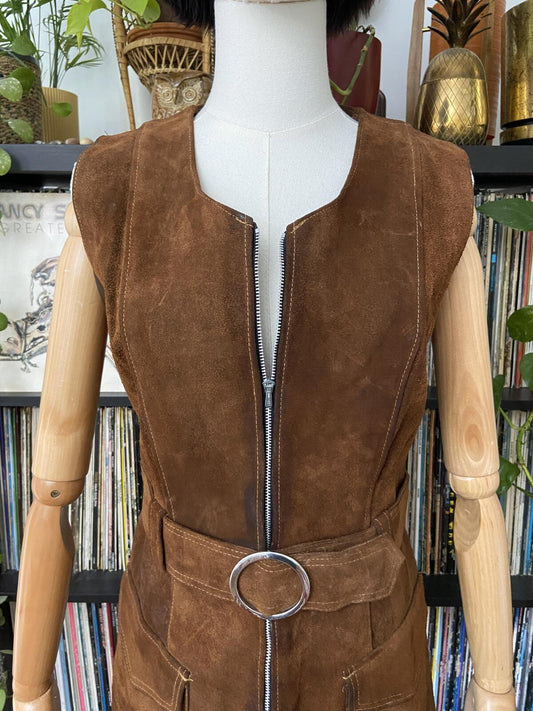 Vintage 1960s Brown Suede Belted Mini Dress
