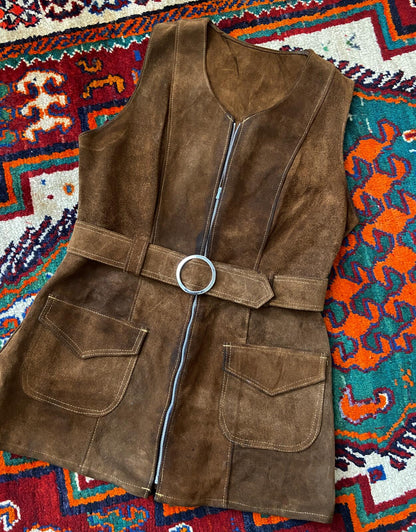 Vintage 1960s Brown Suede Belted Mini Dress