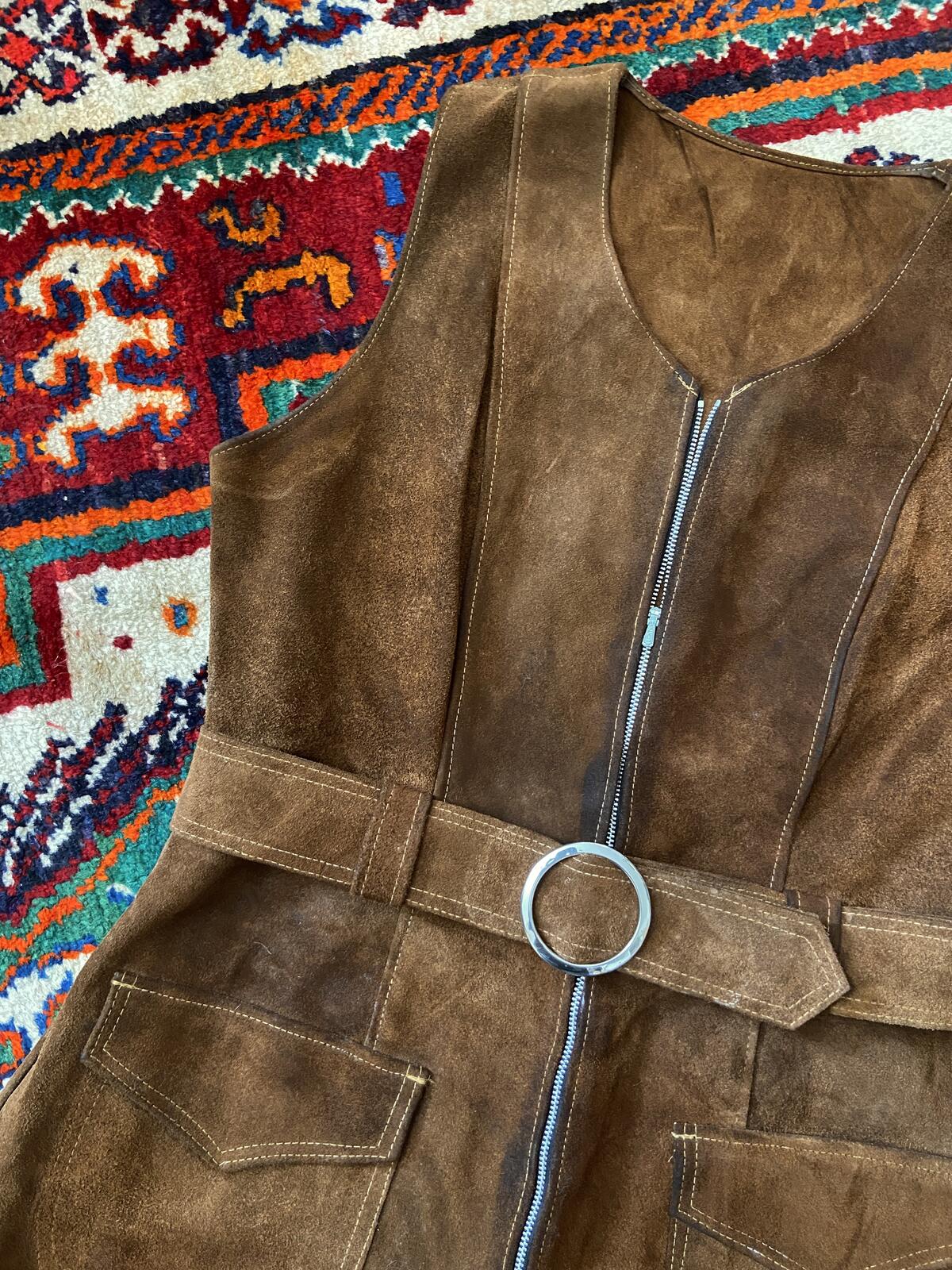 Vintage 1960s Brown Suede Belted Mini Dress