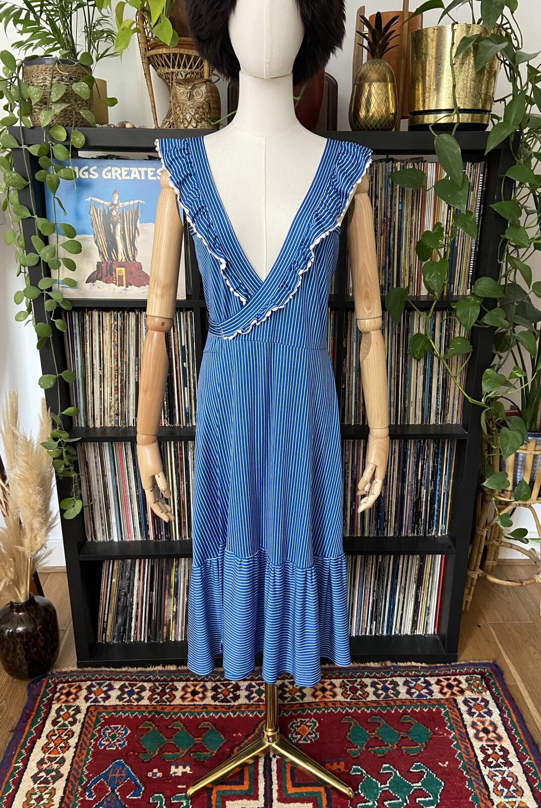 Vintage 1970s Blue Striped Wrap Dress