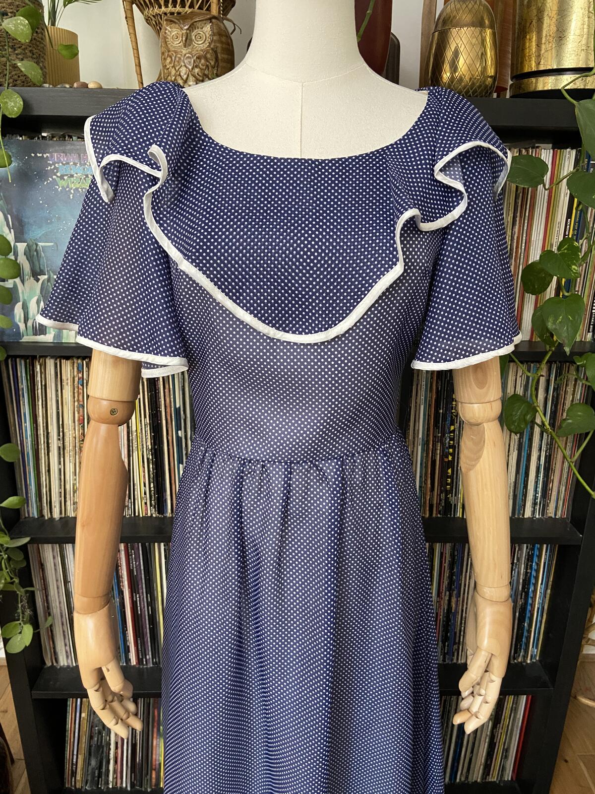 Vintage 1970s Navy Spot Frill Prairie Dress