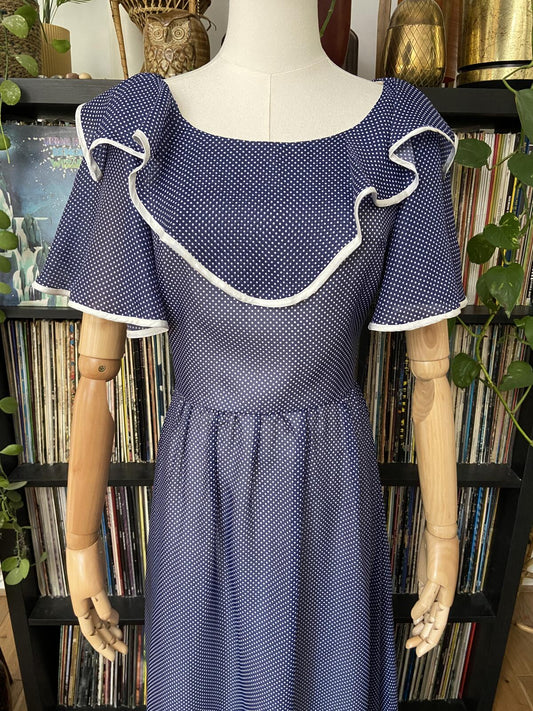 Vintage 1970s Navy Spot Frill Prairie Dress