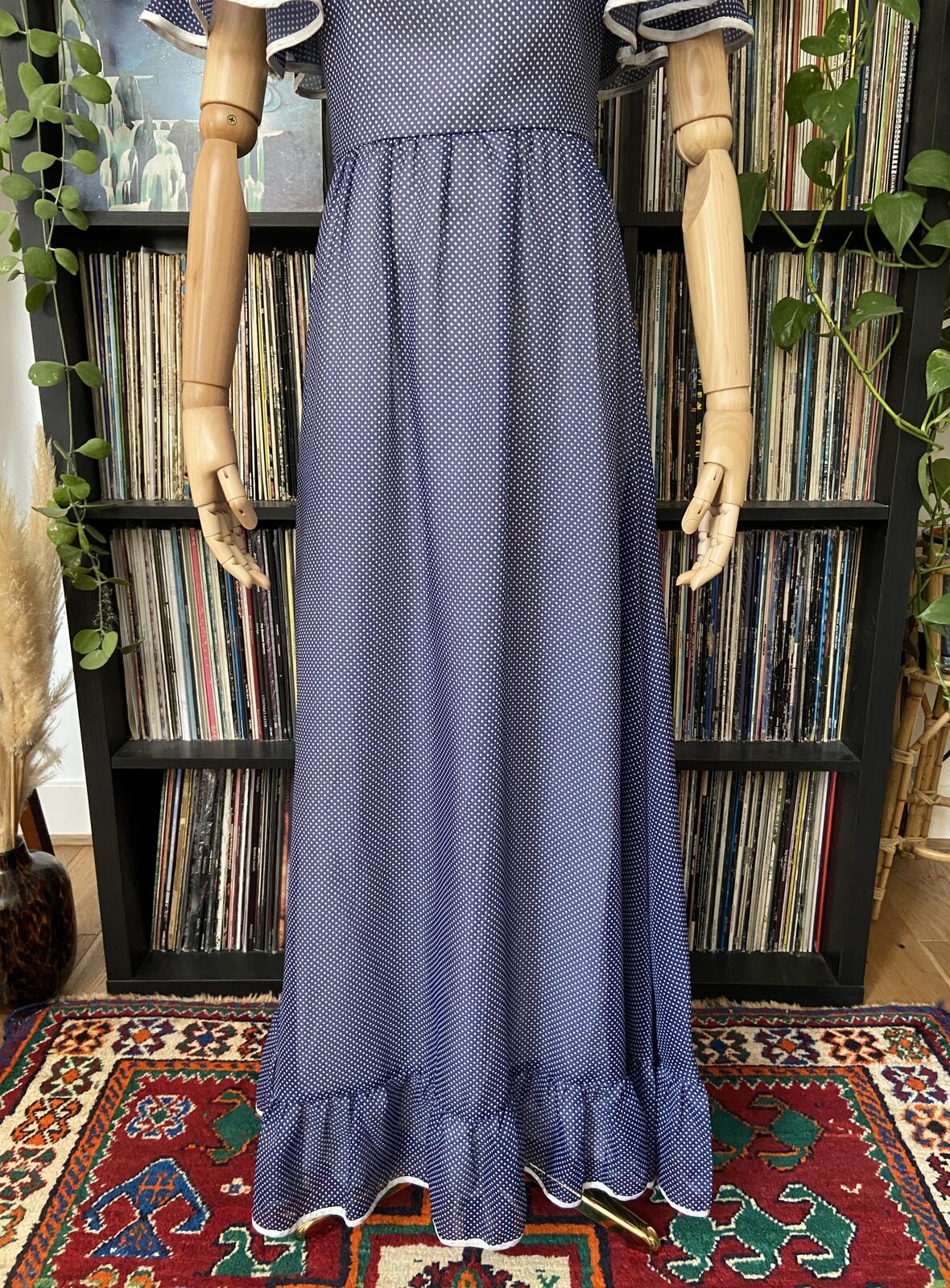 Vintage 1970s Navy Spot Frill Prairie Dress