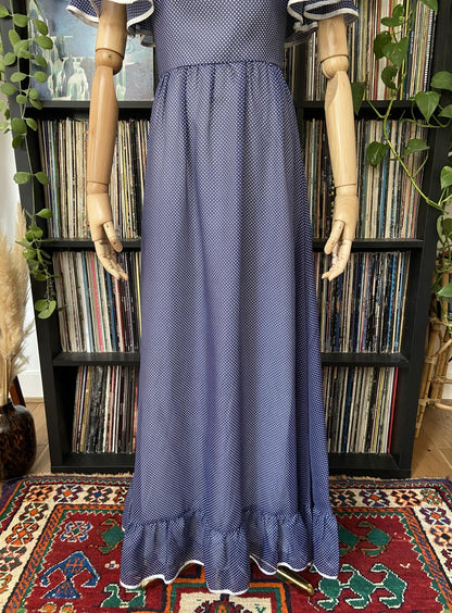 Vintage 1970s Navy Spot Frill Prairie Dress