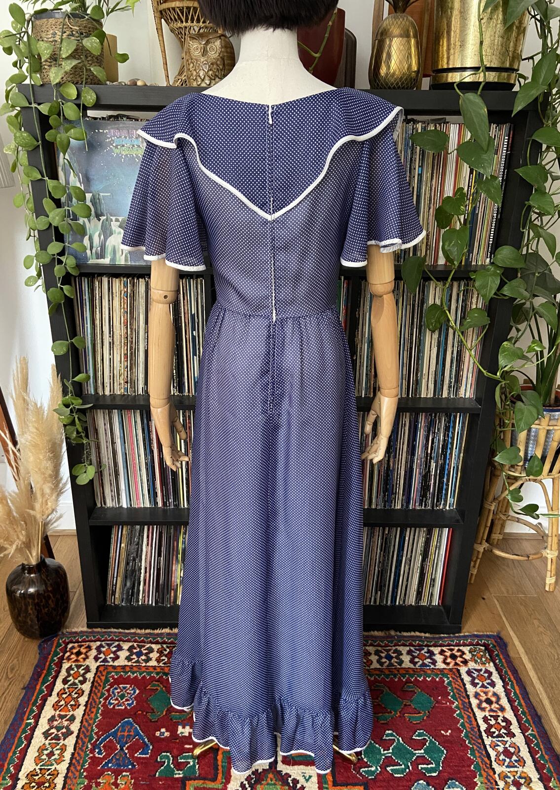 Vintage 1970s Navy Spot Frill Prairie Dress