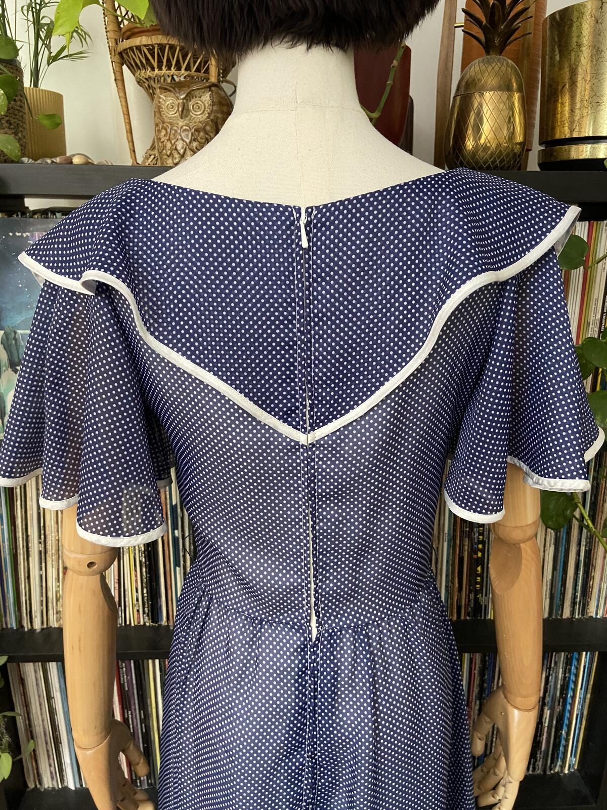 Vintage 1970s Navy Spot Frill Prairie Dress