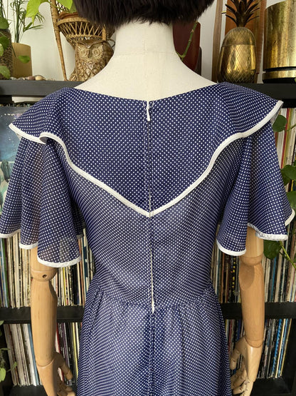 Vintage 1970s Navy Spot Frill Prairie Dress