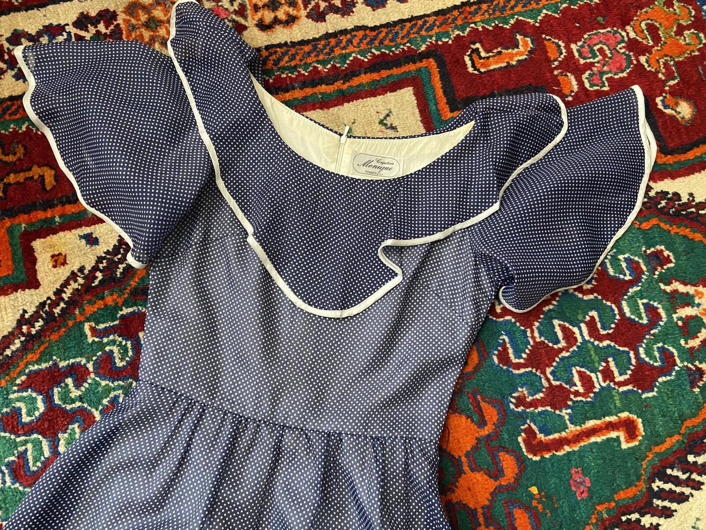 Vintage 1970s Navy Spot Frill Prairie Dress