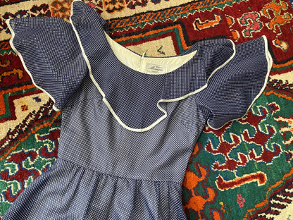 Vintage 1970s Navy Spot Frill Prairie Dress